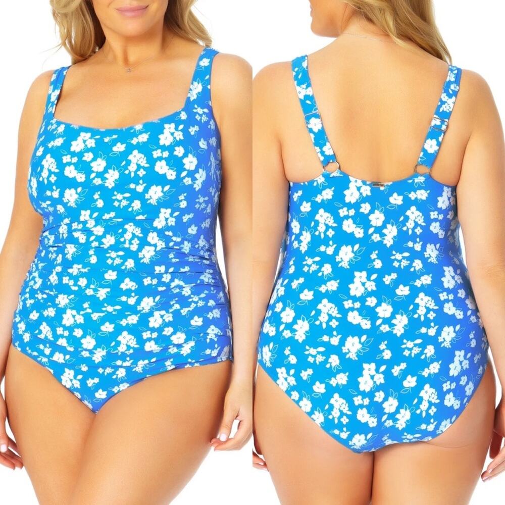 Anne Cole Square Neck Shirred One Piece Swim 16W Baby Bloom